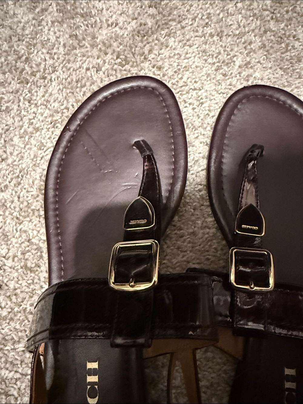 Coach Dark Brown Leather T-Strap Sandals with Gold Buckles - Picture 3 of 5